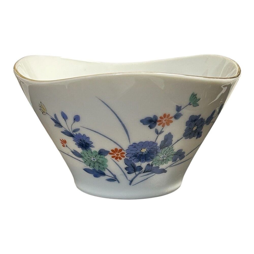 Vintage Japanese Arita Chewan Rice Bowl w/ Flowers Blue White Yellow 2.5” Floral